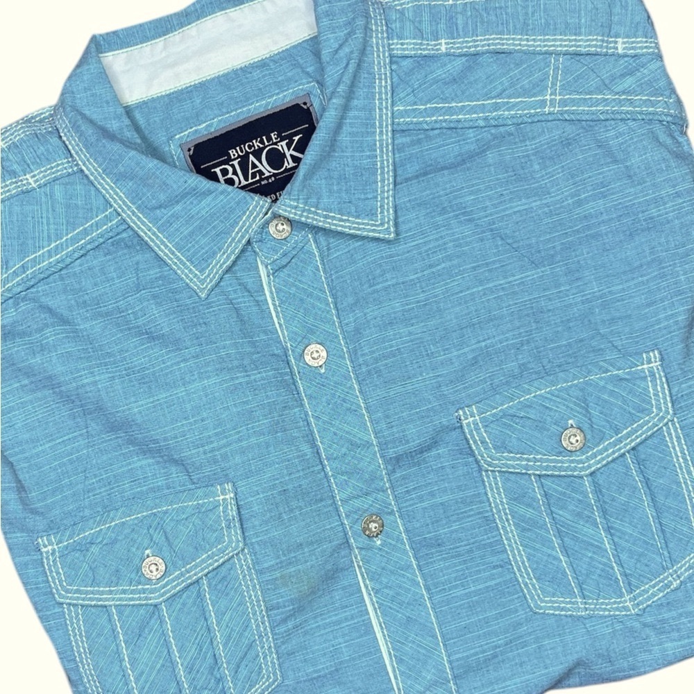 Buckle Black No. 48 TAILORED Fit Men's Blue Button Down‎ Short Sleeve Siz…